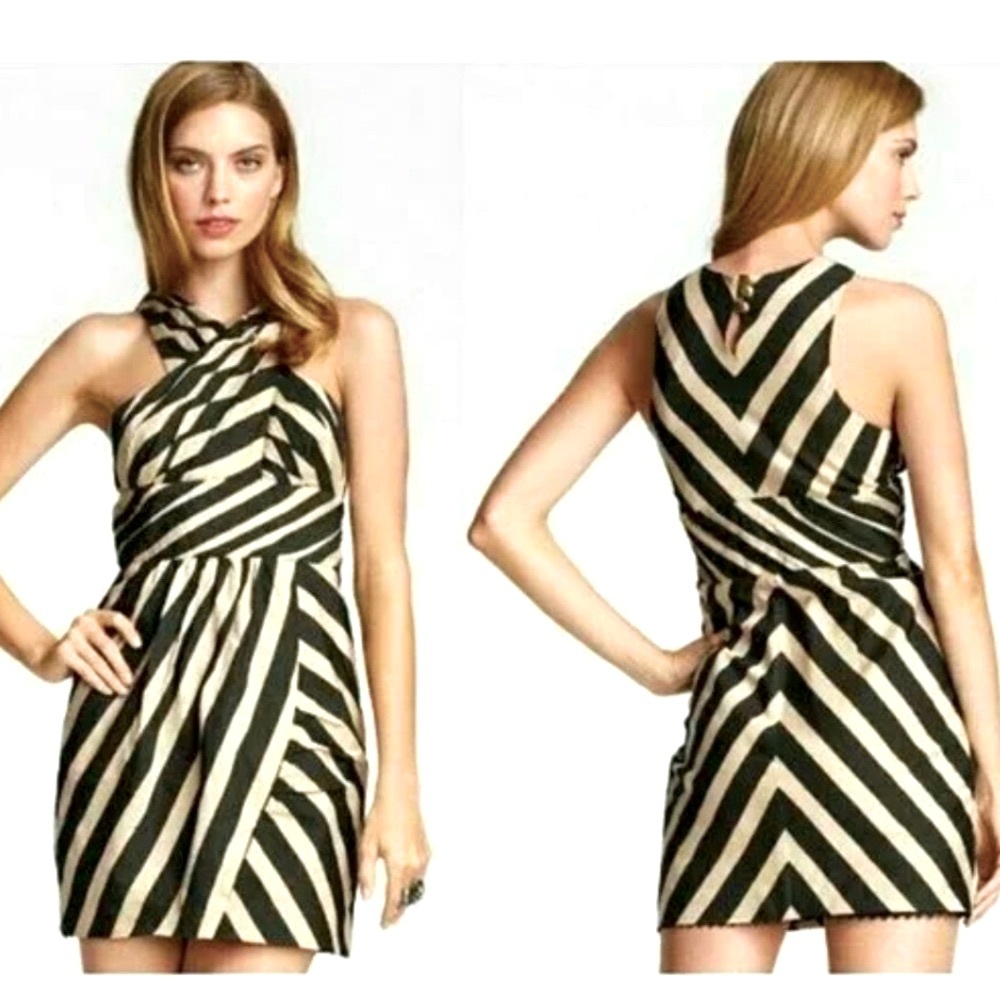 Anthropologie Leifsdottir Striped Macaw Black and Tan Mini Dress | Size 0